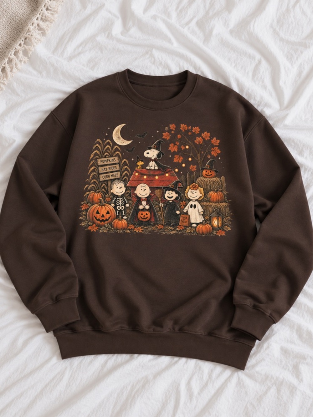 Great Pumpkins and Snoopy Halloween Dark Chocolate Crewneck Sweatshirts